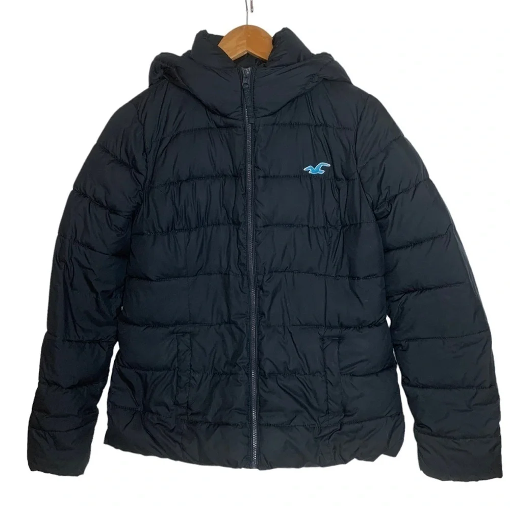 15. Hollister Black Winter Puffer Jacket Size Large Hooded - Picture 1 of 16